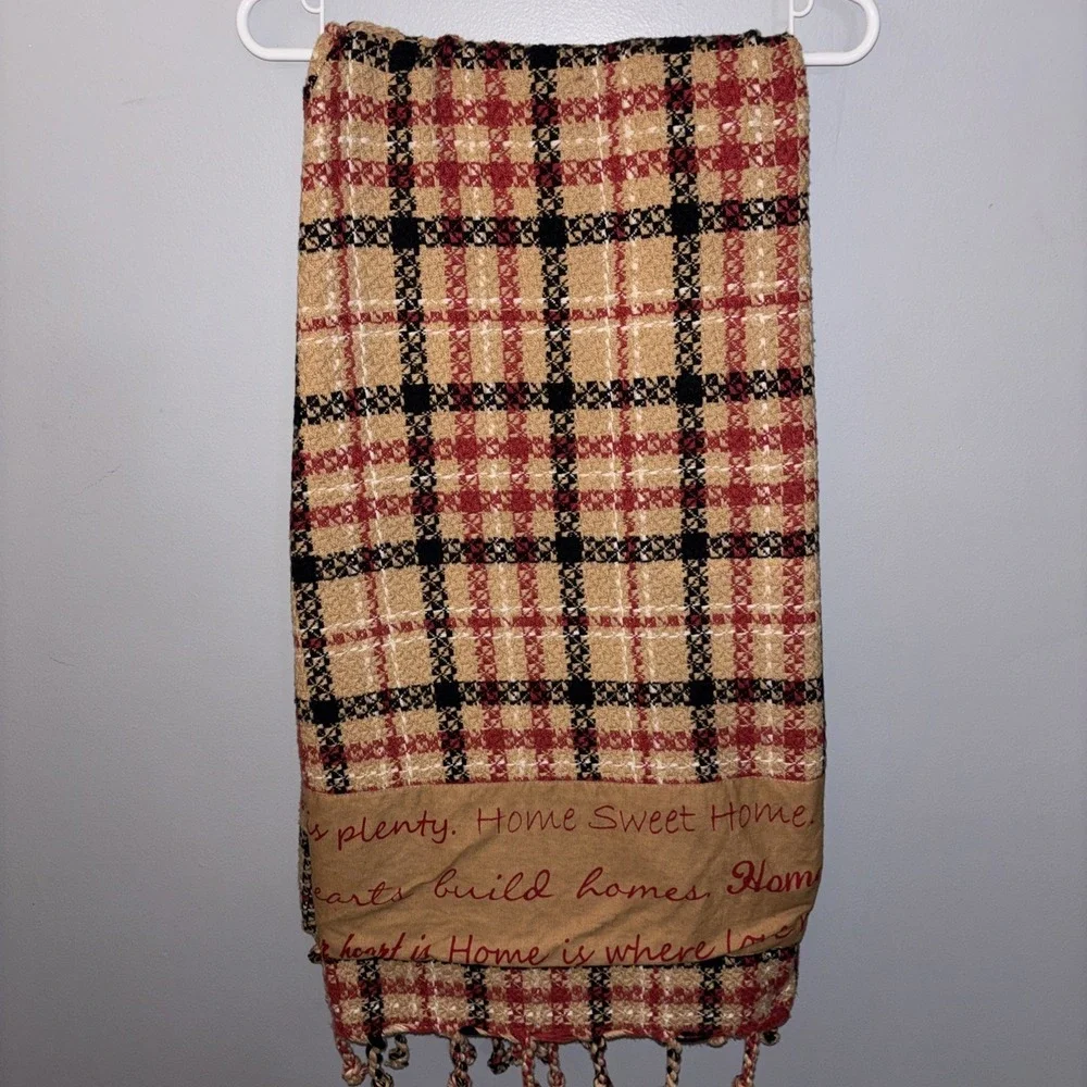 Vintage Woven‎ Plaid Throw Blanket Home Sweet Home Tassels Primitive Rustic